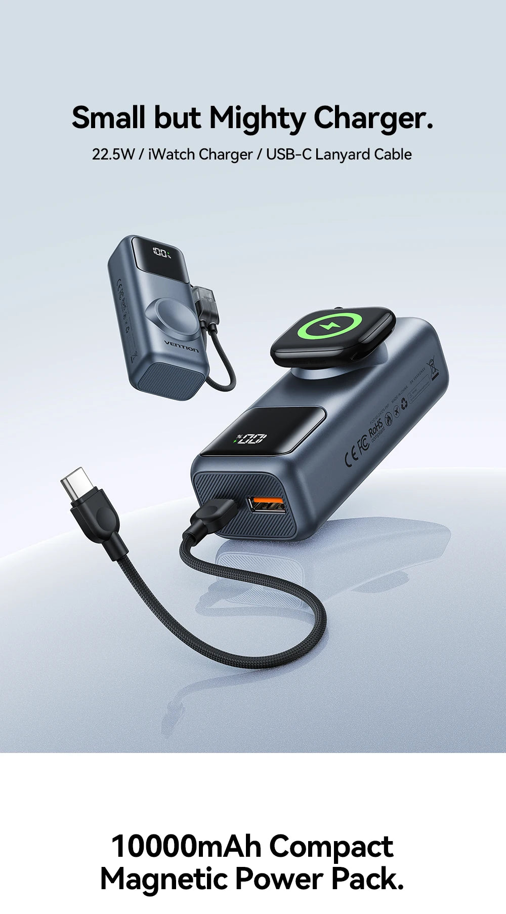 Vention 10000mAh Mini Power Bank 22.5W Fast Charging for iPhone 17 16 Magnetic Wireless Charger for Apple Watch Series 11 10 9