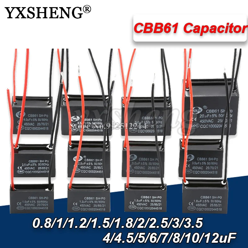 1PCS CBB61 450V Start Capacitor 0.8 1 1.5 1.8 2 2.5 3 4 5 6 7 8 10 12 15 18 20UF Fan Ceiling Exhaust Motor Run Capacitor CBB