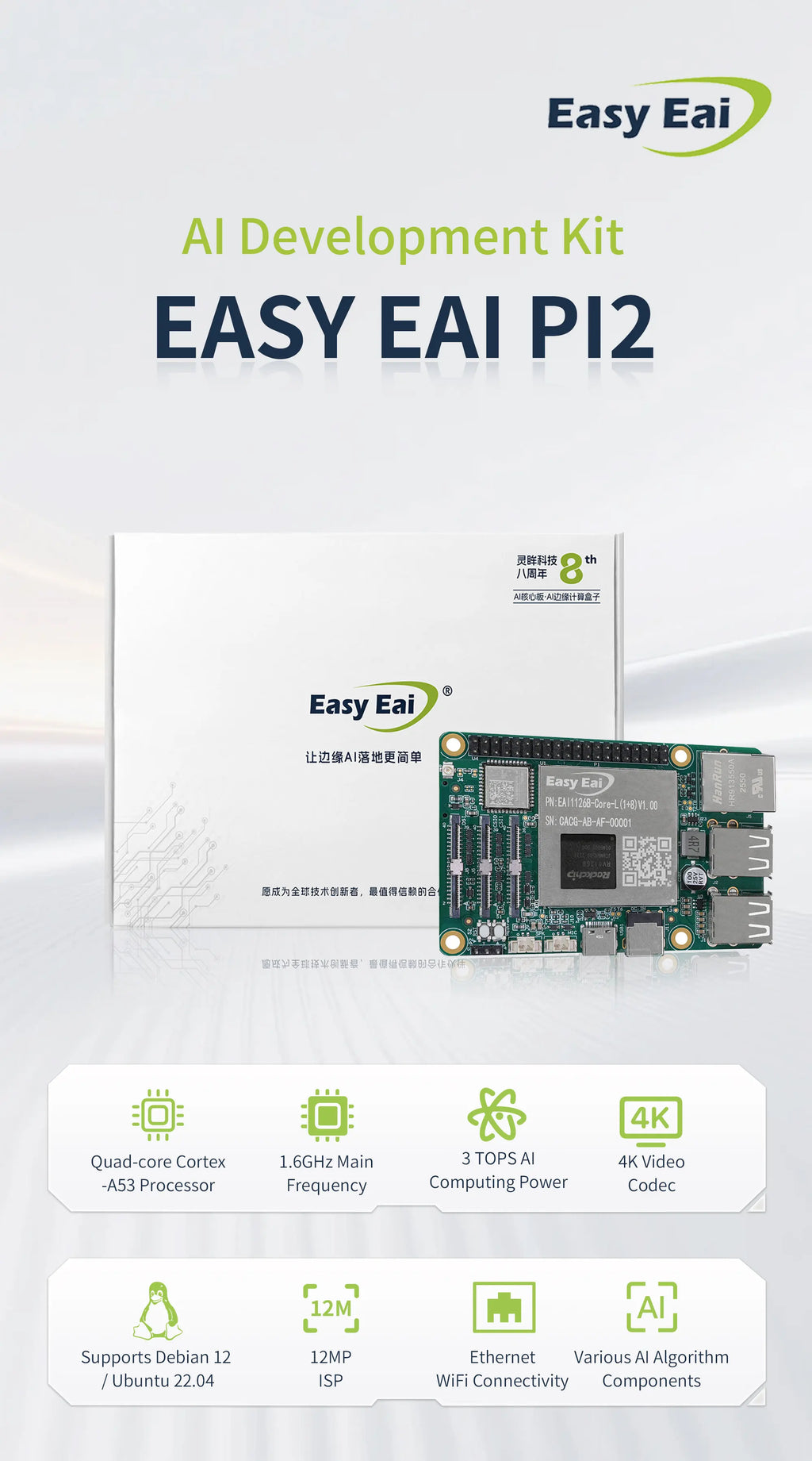 3 TOPS NPU AI Core Module, EASY EAI PI2 RV1126B LGA Package Core Board, Quad-Core A53 ARM Processor, 4K Vision Embedded Hardware