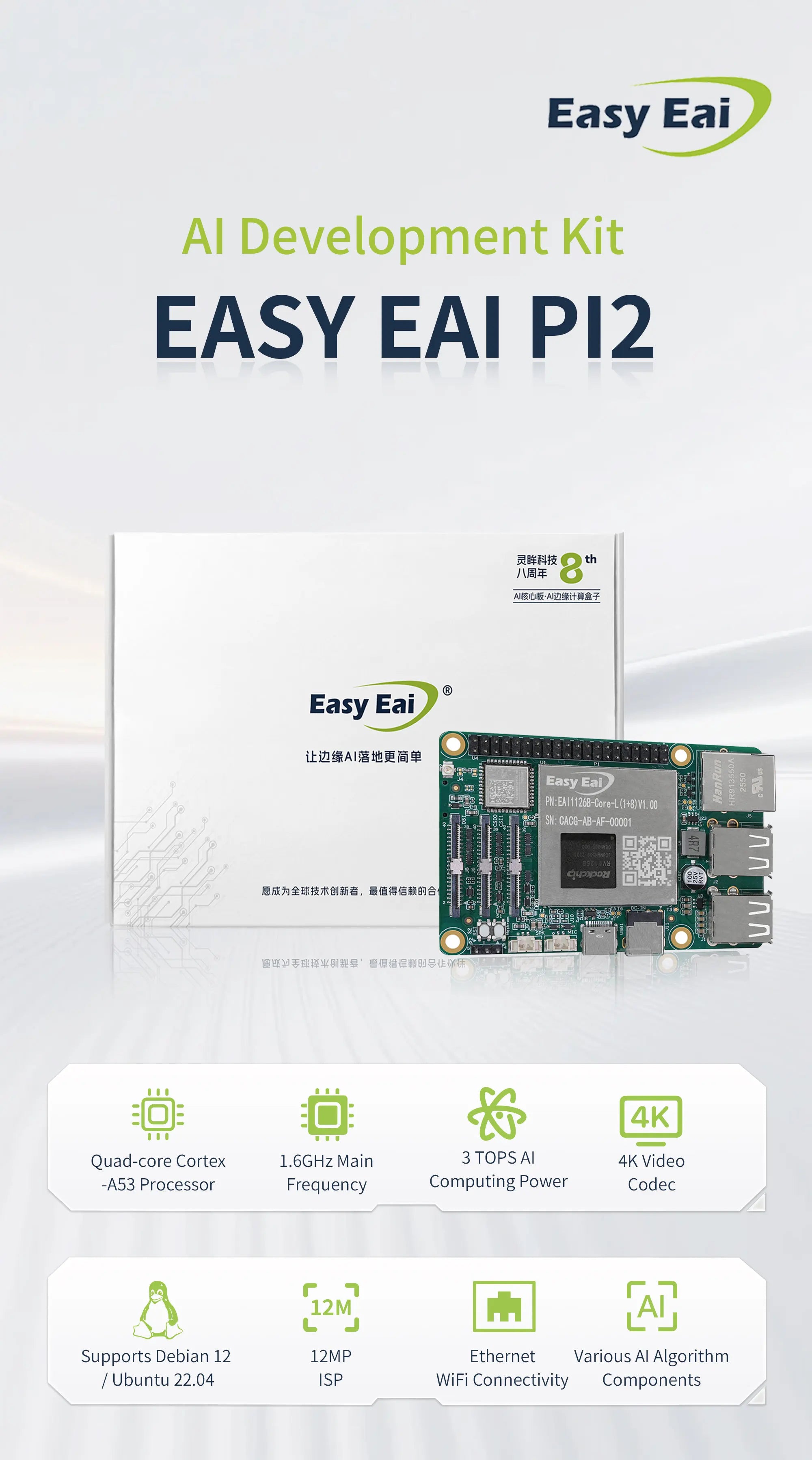 3 TOPS NPU AI Core Module, EASY EAI PI2 RV1126B LGA Package Core Board, Quad-Core A53 ARM Processor, 4K Vision Embedded Hardware