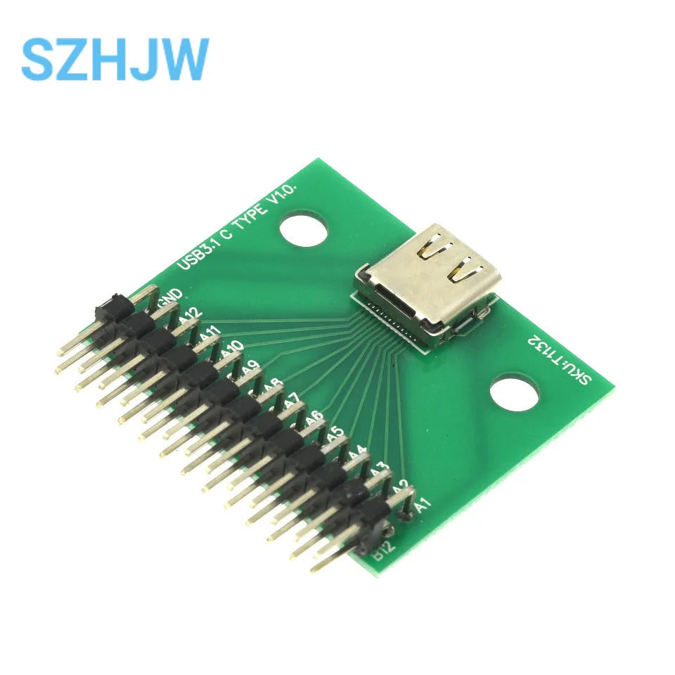 USB 3.1 Type-C Female Receptacle 24Pin PCB Mount SMT DIP Test Board with Header Pins for DIY Electronics Projects