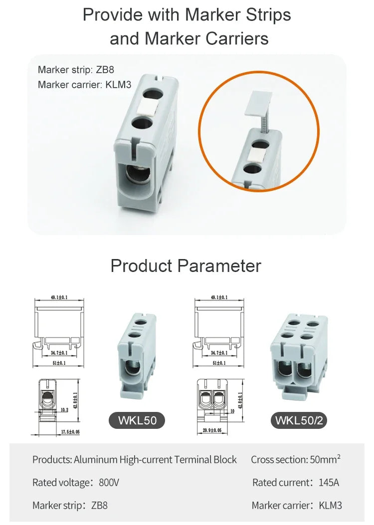 Aluminum Distribution Block Din Rail Mounting WKL 50/95/150/240 mm² Cable Power Connector Terminal Block Box