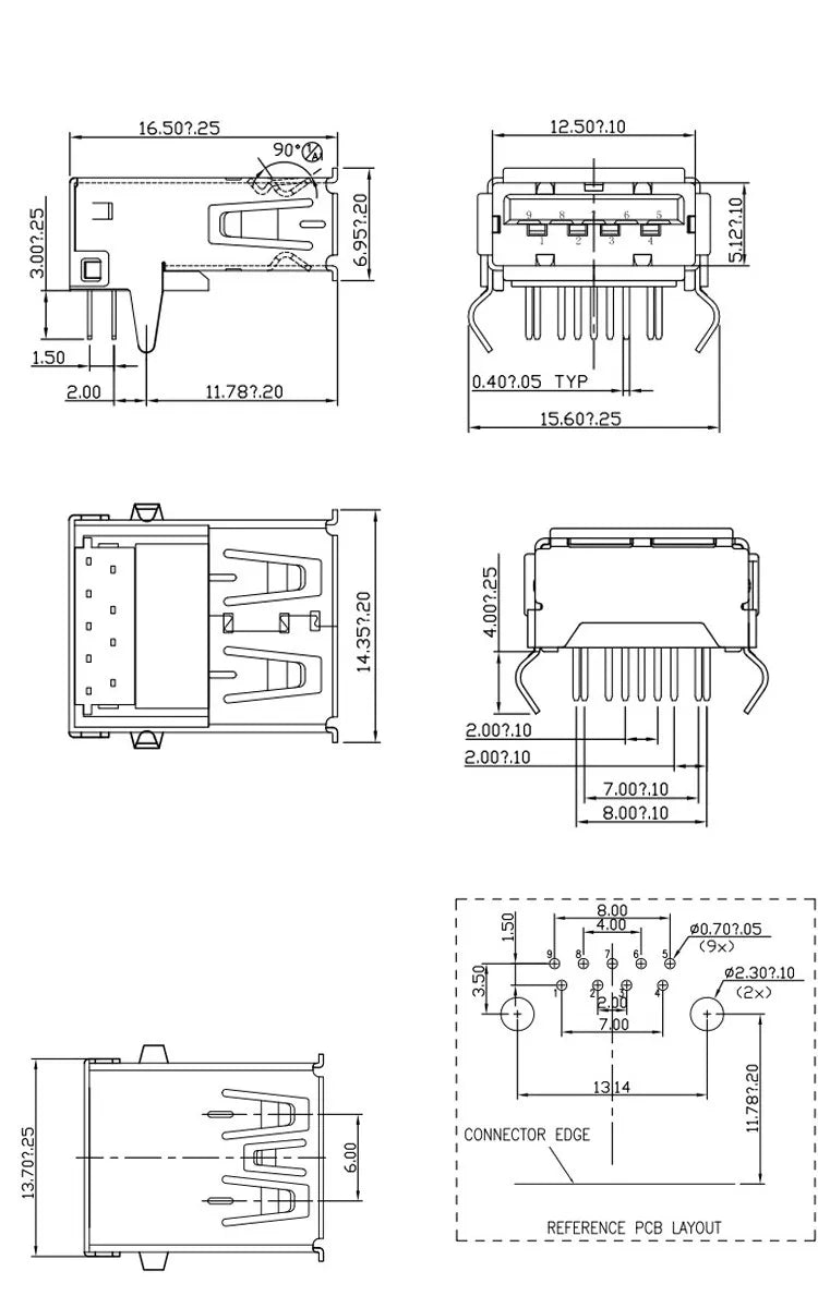 5PCS  USB Connector 3.0 A-type Female Socket AF Type 90 Degree Side Plug 180 Degree USB 3.0 B-port Printer Data