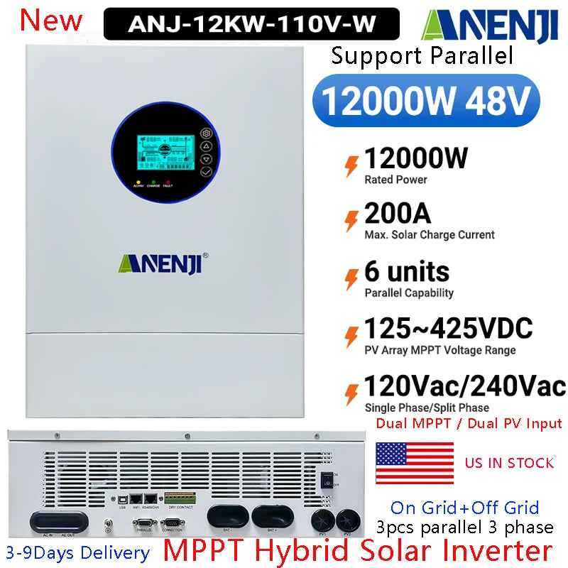 ANENJI Split Phase 12KW 48V Hybrid Solar Inverter Parallel Inverter Pure Sine 120V 220V On Grid MPPT 200A Solar Charger PV 500V