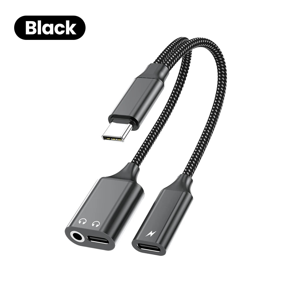 3 in 1 USB C Adapters Type-C to 3.5mm/Type-C Headphones+ Type-C Charging Connector For iPhone 15-17 Xiaomi Huawei Samsung Phones