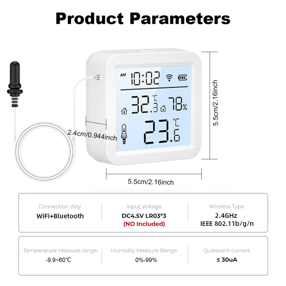 2026 New Tuya WiFi Humidity Temperature Sensor with External Probe Thermometer for Smart Home APP Monitoring for Refrigerator
