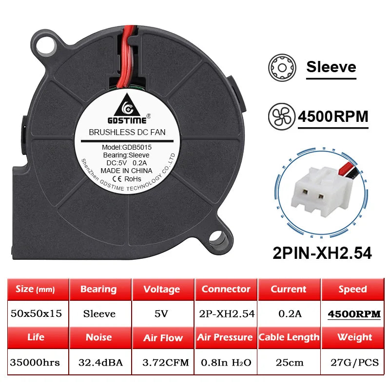 Gdstime DC 5V 12V 24V 50x50x15mm Dual Ball Cooler 2Pin USB Radial Fan 5015 Turbo Blower 5cm 50mm Radiator for 3D Printer Cooling