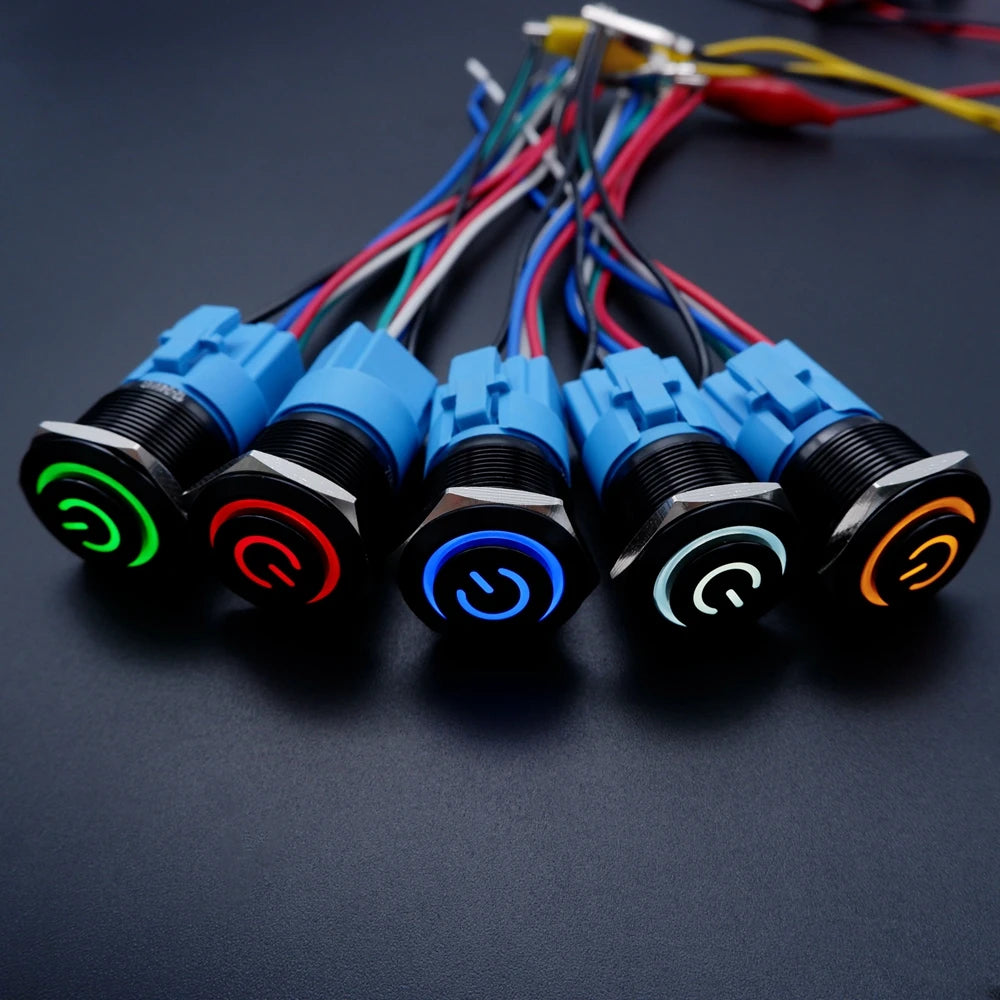 16mm 19mm 22mm Black On Off Metal Button Switch Car Power Start Stop Led Light Waterproof Reset Latching With Socket 5V 12V 220V