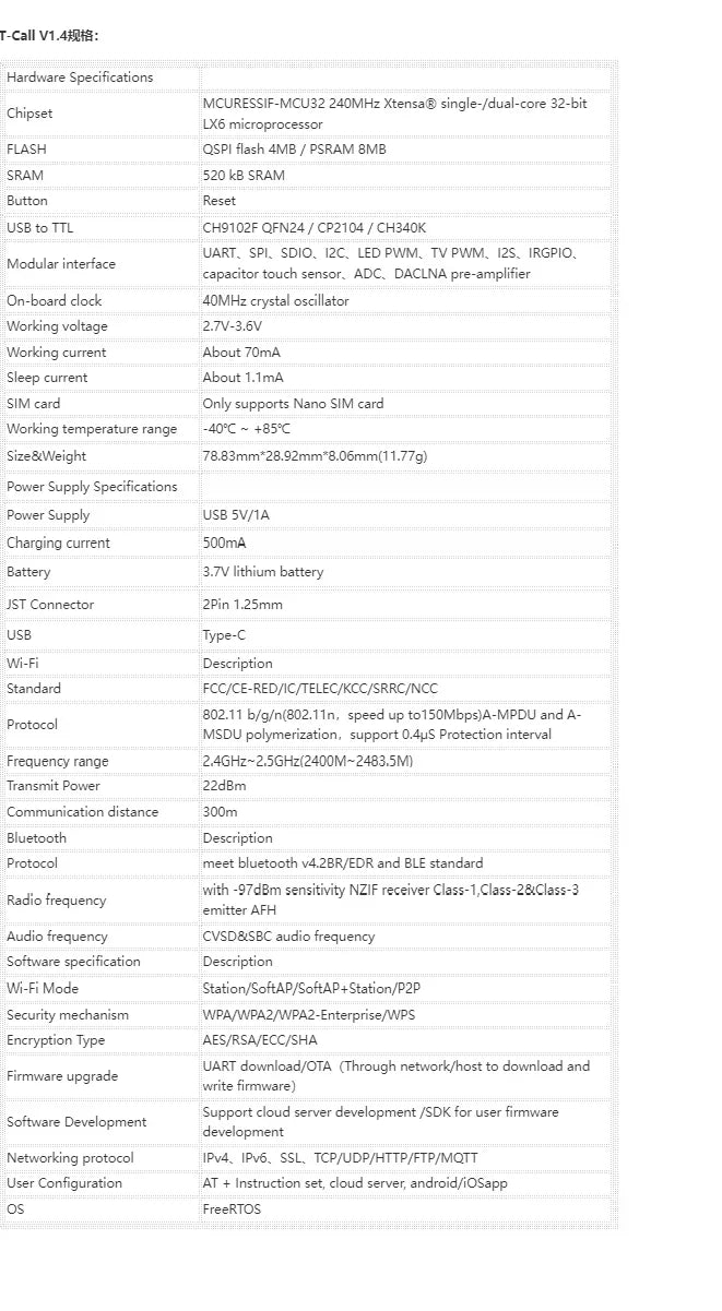 LILYGO TTGO T-Call V1.4 ESP32 WIFI Wireless Bluetooth Module FPC Antenna SIM Card SIM800L Module