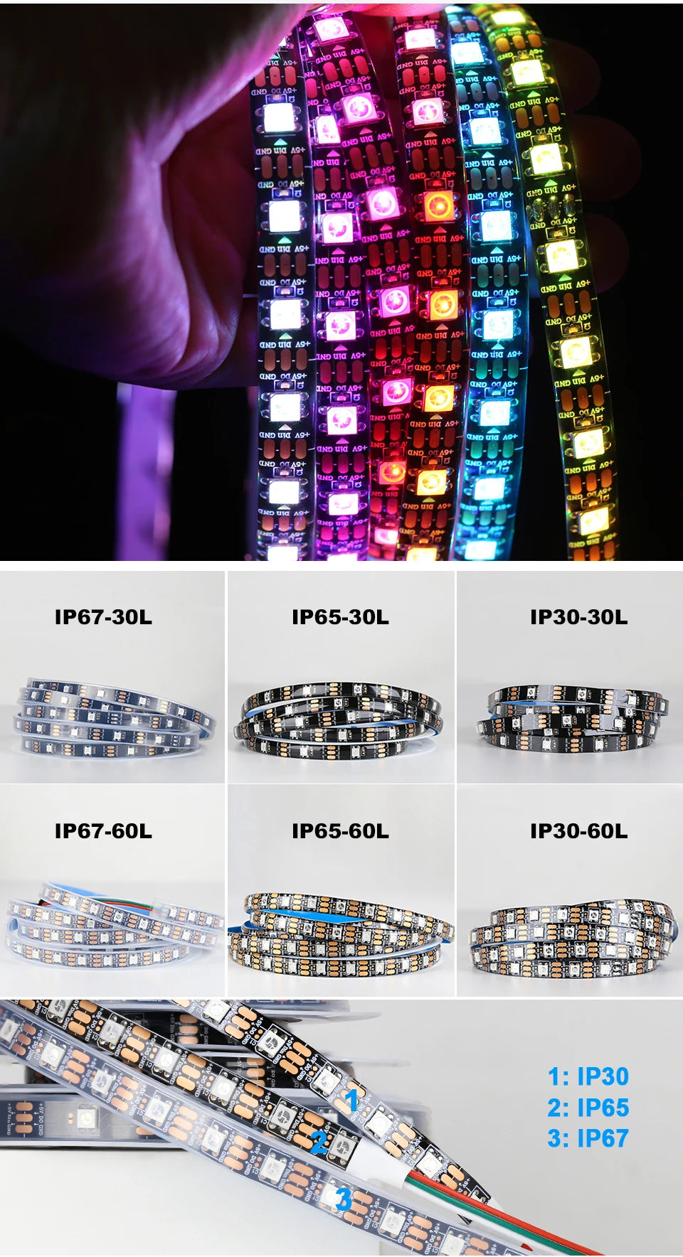 WS2812B Led Lights DC5V Smart RGB Led Strip Light Individually Addressable IC Magic Strip Light Black White PCB IP30/IP65/IP67