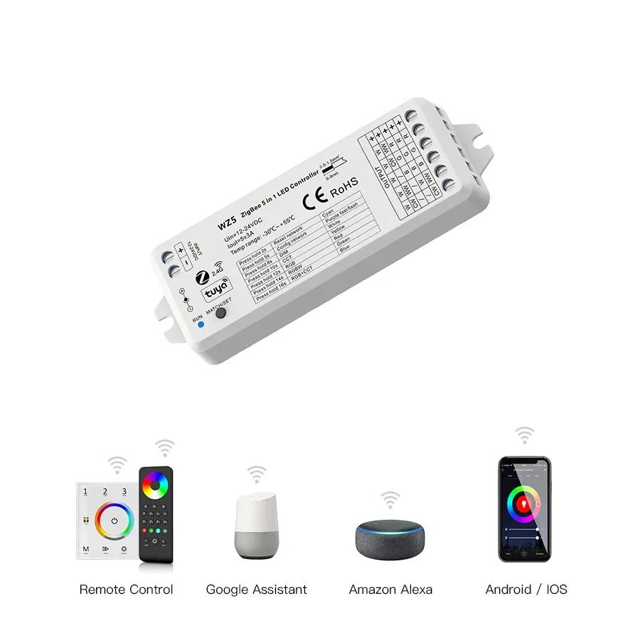 COB RGBCCT LED Strip 6Pin 840leds/m DC24V Light WT5 Wifi  WZ5 Zigbee 5 in 1 LED Controller 2.4G RF Remote Work With Alexa Google