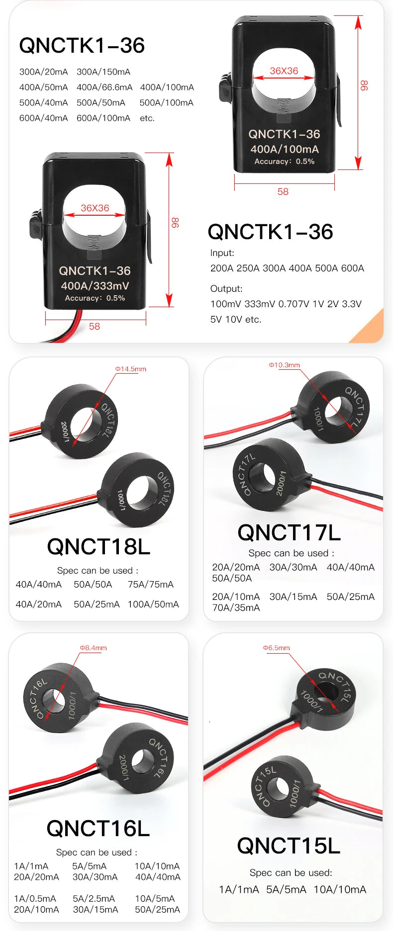 Current Transformer CT QNCT16L 10A 10mA 20A 20mA 30A 30mA 50A 50mA 2000:1 10A 5mA 20A 10mA 100A Micro Current Transducer Sensor
