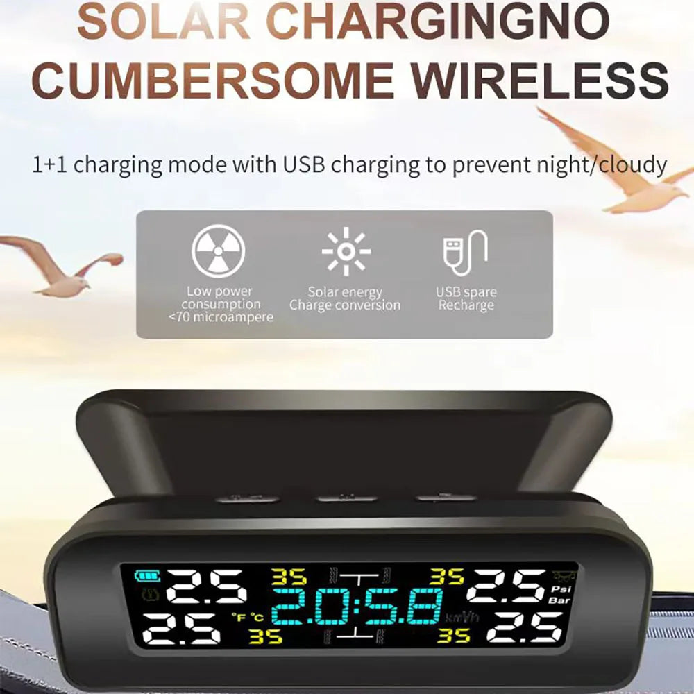 Solar Power TPMS Car Tire Pressure Monitoring System Alarm Tyre Air Pressure Meter Gauge Temperature Warning With 4 Sensors