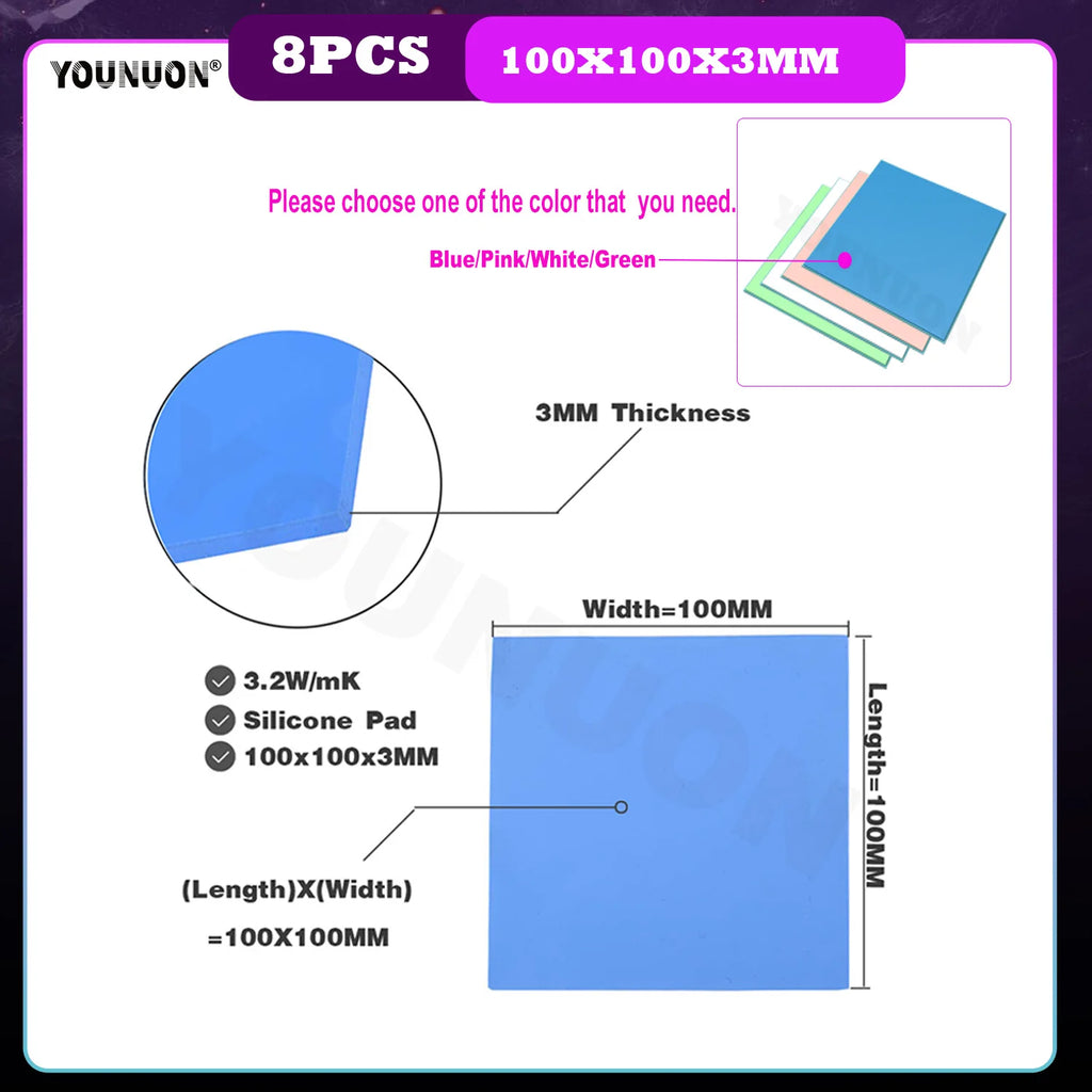 8 Pieces 100x100x0.5mm 1mm 1.5mm 2mm 2.5mm 3mm 4mm 5mm Blue White Green Combination Thermal Pads Cooling Conductive Silicone