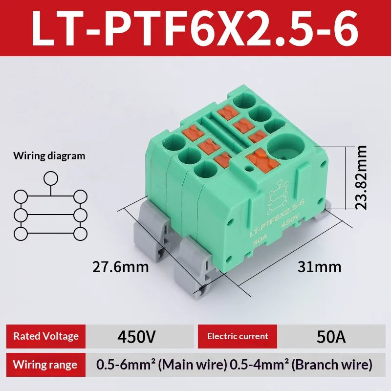 Push-in Terminal Block PTF6X2.5mm One in Multiple Out Splitter Spliceable Wire Connectors DIN Rail Junction Box Electrical Joint