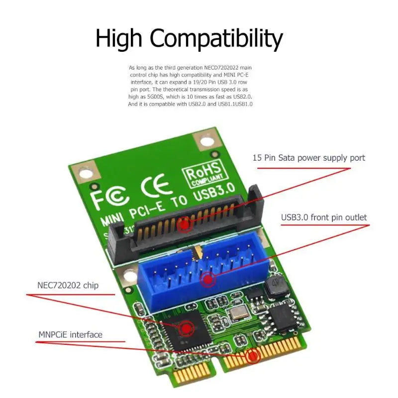 Mini PCI-E Express to USB 3.0 19Pin 20Pin Expansion Header Card SATA power-on interface for Desktop PC Mini PCI-E to USB Adapter