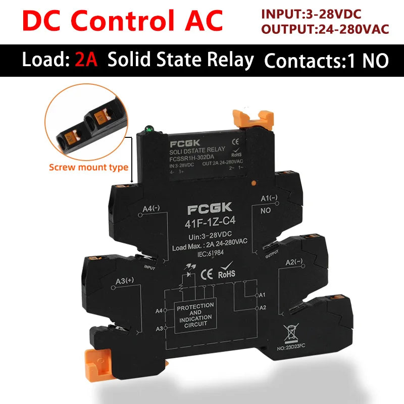 FCGK DC Control AC Slim Interface Solid State Relay Module DIN SSR Slim Relay DC Control DC 41F-1Z-C2/C4 SSR Relay DIN Rail