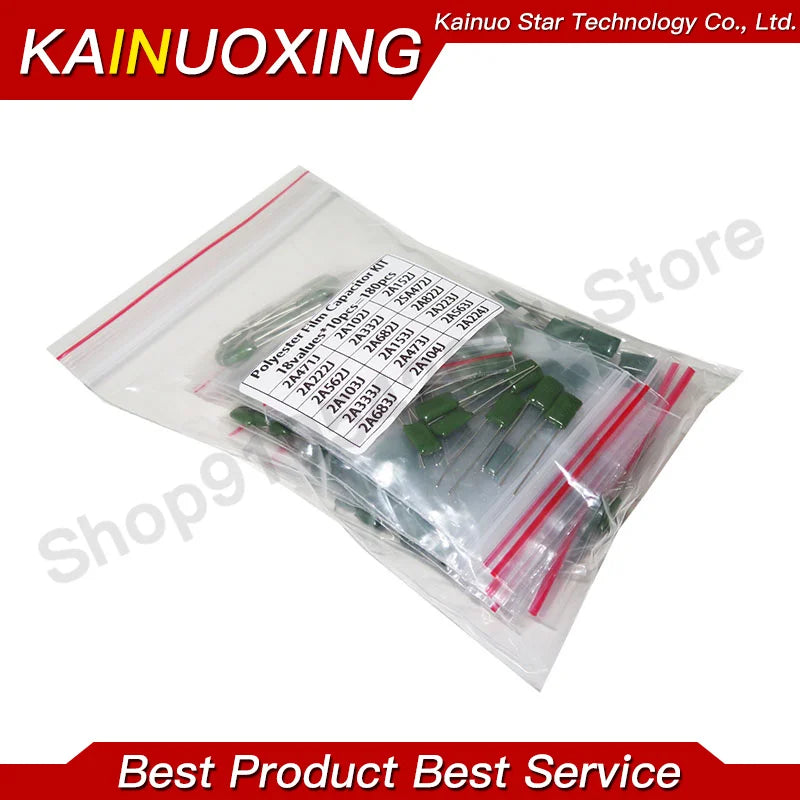 18Value*10PCS=180PCS Contains 2A104J 2A332J 2A472J 2A103J 2A333J 2A473J 2A563J 2A223J Polyester Film Capacitor Assorted Kit