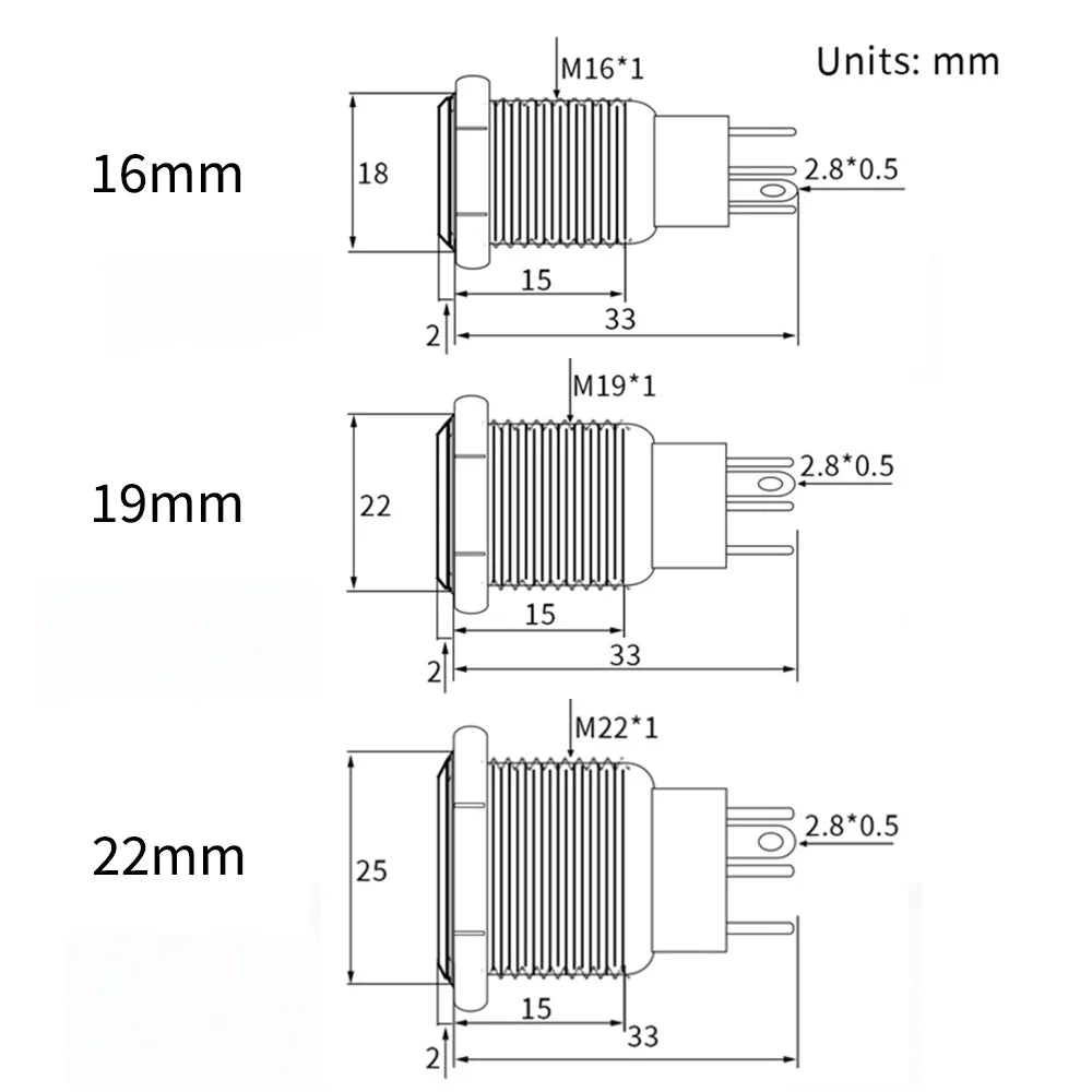 Black Latching Push Button Switch 16/19/22mm with Led Light Waterproof Illuminated  ON OFF Metal Momentary 5V 12V 220V Red Blue