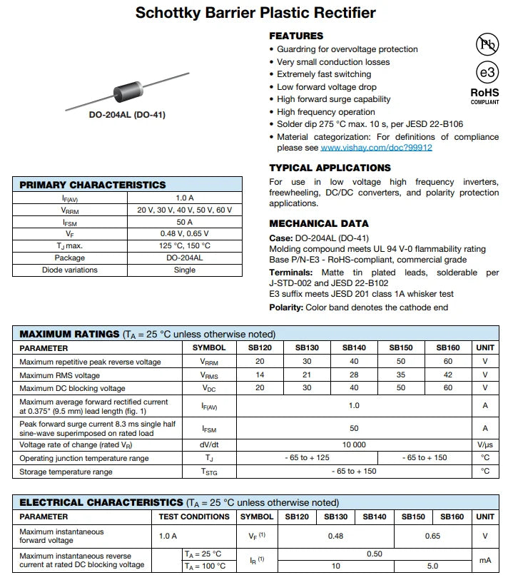 20PCS SB120 SB130 SB140 SB150 SB160 SB180 SB1100 SB1200 SB240 SB260  SB2100 SB2200 DIP Schottky Rectifiers