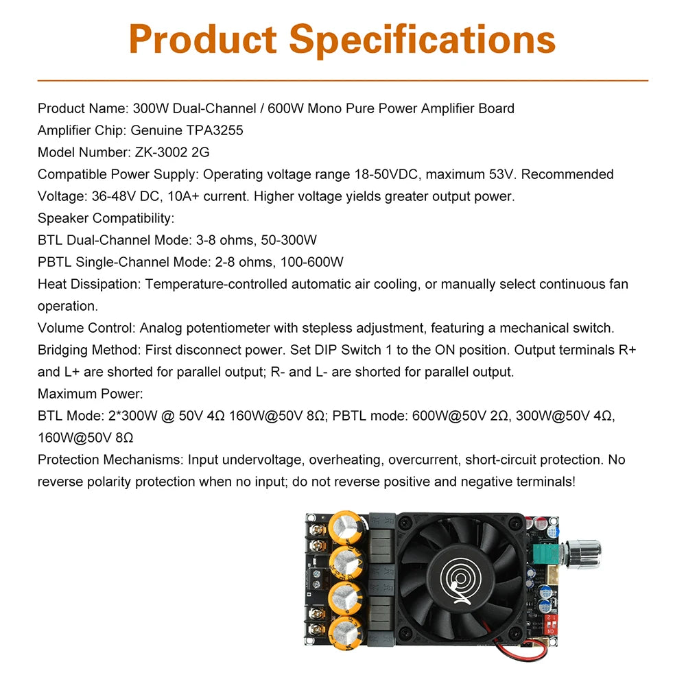 DC 18-50V ZK-3002 2G Second-Generation Upgraded Pure Post Amplifier Board 300W+300W Dual Channel Mono Amplifier Chip TPA3255