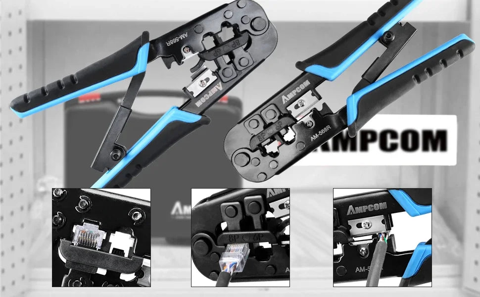 AMPCOM rj45 crimper RJ11 RJ45 Crimping Tool Ethernet Network LAN Cable Crimper Cutter Stripper Plier for 6P 8P RJ-11/RJ-12 RJ-45
