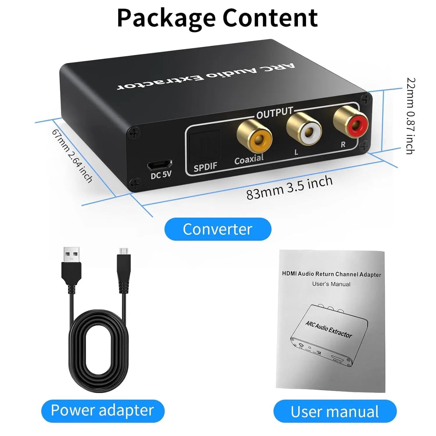 192KHz ARC Audio Extractor HDMI-compatible ARC to Optical Coaxial RCA 3.5mm Jack Converter for HDTV Speaker Soundbar Headphone