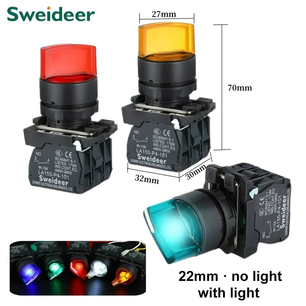 XB4 Knob Switch with LED 22mm 2/3Position Self Locking 1NO/2NO/1NO1NC Select Rotary Switch with Light 12V 24V 220V 10A Red Green