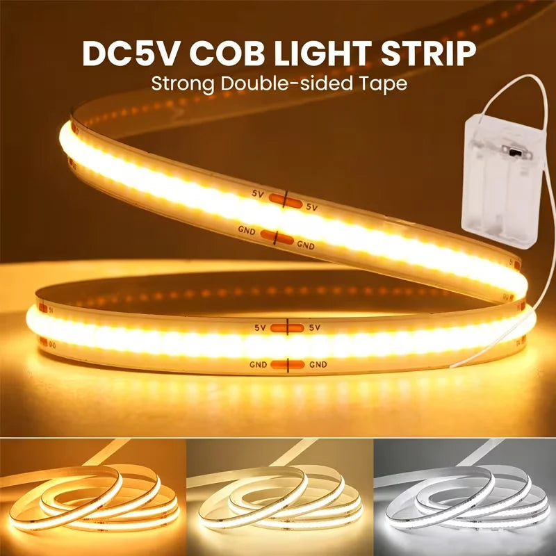 1 Roll of Cob Spotless Led Light Strip with Battery Box (Battery Not Included), Low Voltage 5V, Battery Box Powered (Battery Not Included), White Light/Warm Light/Neutral Light, Suitable for Space-Themed Decoration, Ca