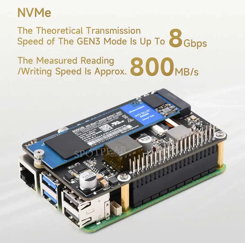 Raspberry Pi 5 PoE Power And PCIe M.2 NVMe SSD HAT PLUS (B) 2230/2242/2260/2280 For PI5