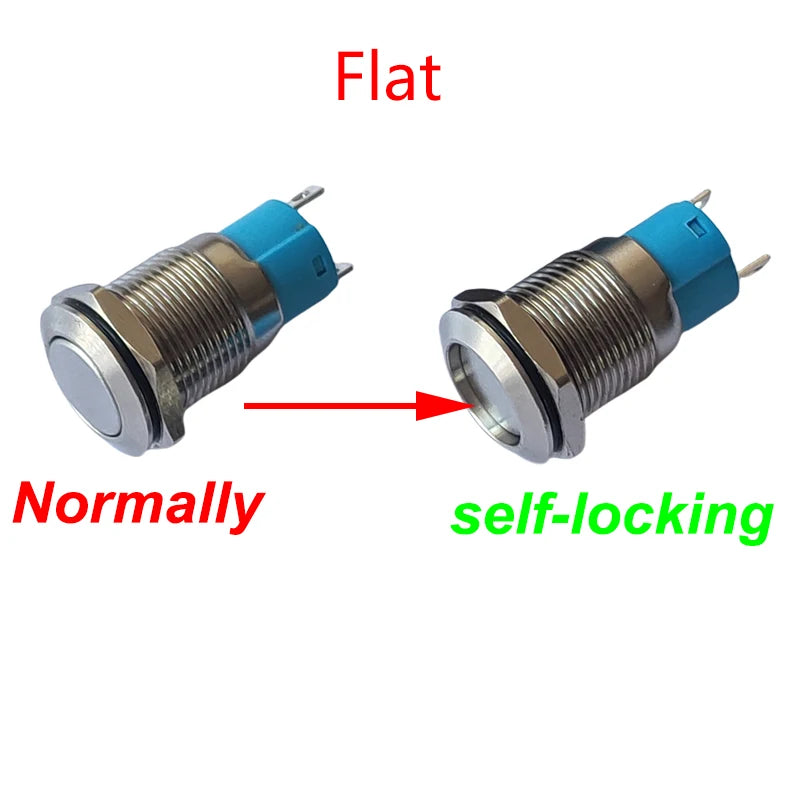 1PC 12mm 2Pin Metal Button Switch Fixed Latching No Light Waterproof Metal Push Button Self-locking Car Dashboard High Flat Head