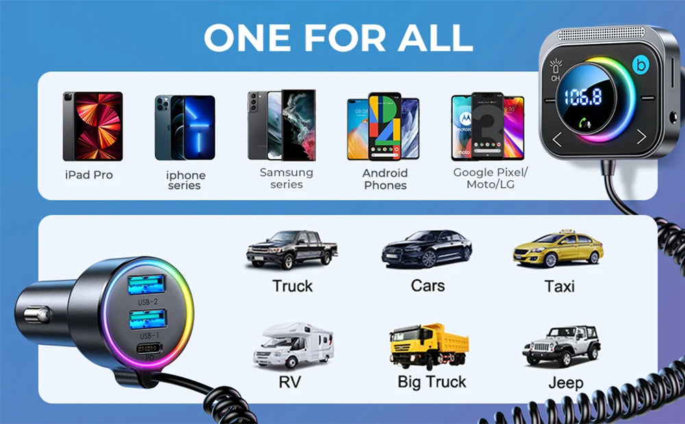 Joyroom Bluetooth 6.0 FM/AUX Transmitter Car Adapter Audio FM Transmitter Bass Boost 3 Ports PD&QC 3.0 FM Bluetooth Fast Charger