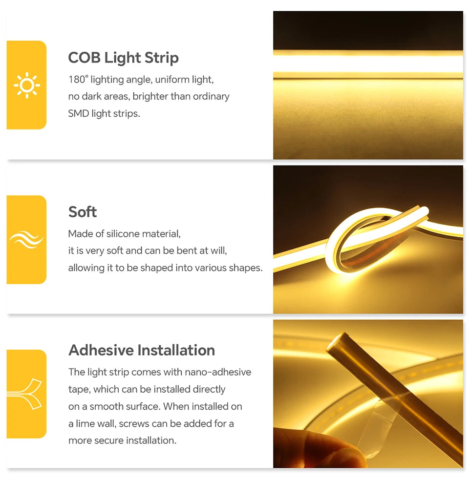 Super Bright 220V COB LED Strip Neon Lights 280LEDs/m Flexible Kitchen Lamp RA90 Waterproof LED Tape With EU Power Plug 1M-30M