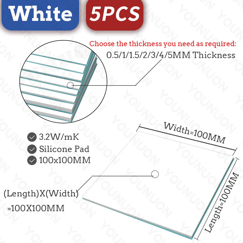 YOUNUON 100x100mm 0.5mm 1mm 1.5mm 2mm 3mm 4mm 5mm tichkess Thermal Pad CPU Heatsink Pad Cooling Conductive Silicone Thermal