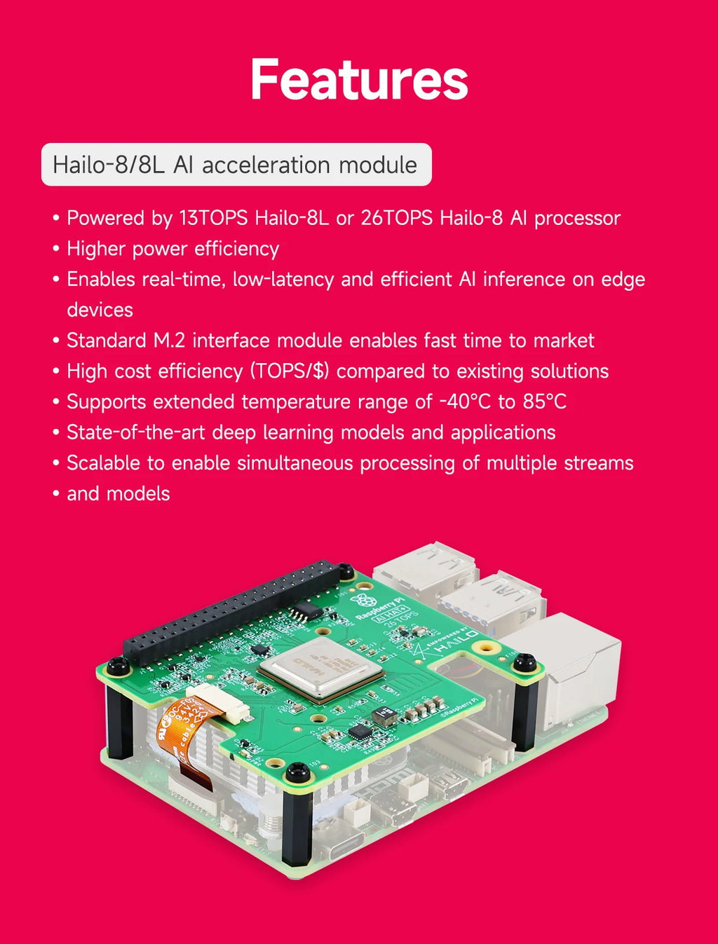Raspberry Pi 5 AI Kit Hailo-8 and Hailo-8L Accelerator Module 13Tops/26Tops with PCIe to M.2 Board