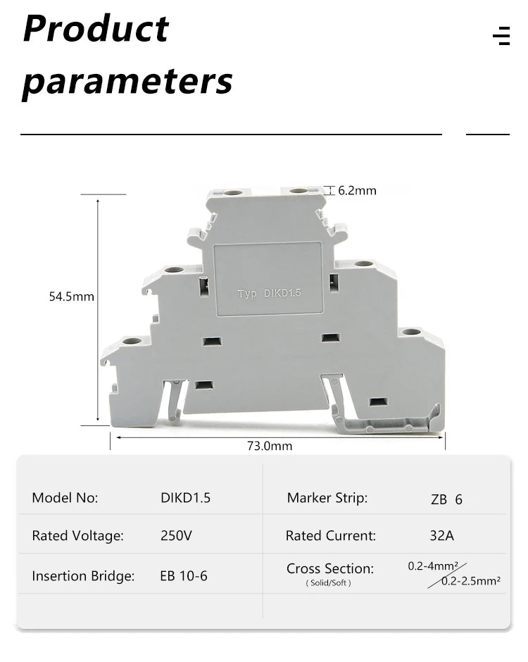 50Pcs DIN Rail Terminal Block DIKD 1.5, 1.5mm² 3-Tier Screw Clamp for C45/DZ47 Breakers & Industrial Control Cabinet