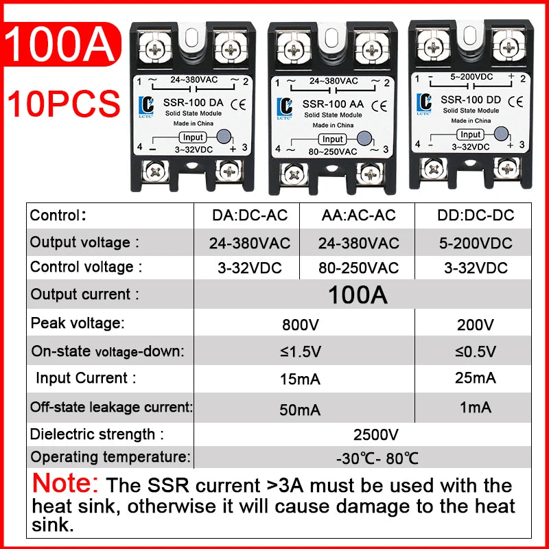LCTC 10Pcs SSR 10A25A40A50A60a80A100a Solid State Relay DC to AC AC to AC DC to DC Single-phase Relay Zero-crossing Type