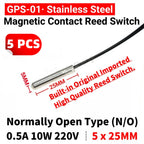 5PCS Stainless Steel GPS-01 Reed Contact Switch Normally Open NO 10W 220V Magnetic Control Tube 25MM Waterproof Induction Sensor