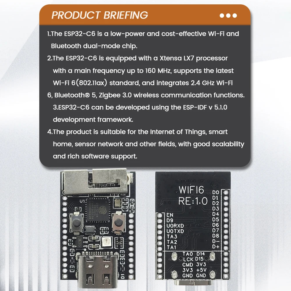 Wifi6 ESP32 C6 Development Board BT Wifi Module with Crystal Oscillator RGB LED 4MB FLASH USB Type-C RISC-V 32-Bit ESP32-C6 N4
