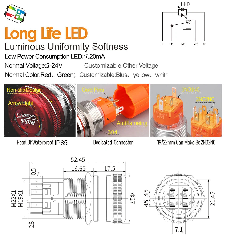 LANBOO 19mm 22mm Metal Emergency STOP Mushroom Push Button Switch Latching Button Switch with LED