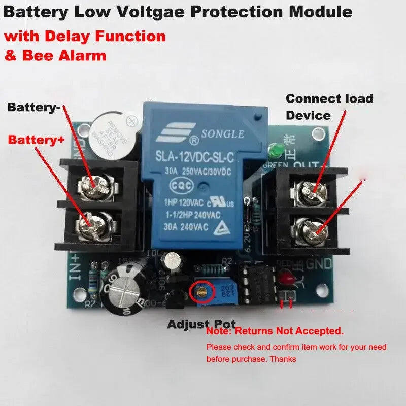 30A Relay 12V/24V Battery Low Voltage Turn Off Anti-over Discharge Controller Protection Delay Switch Alarm Module