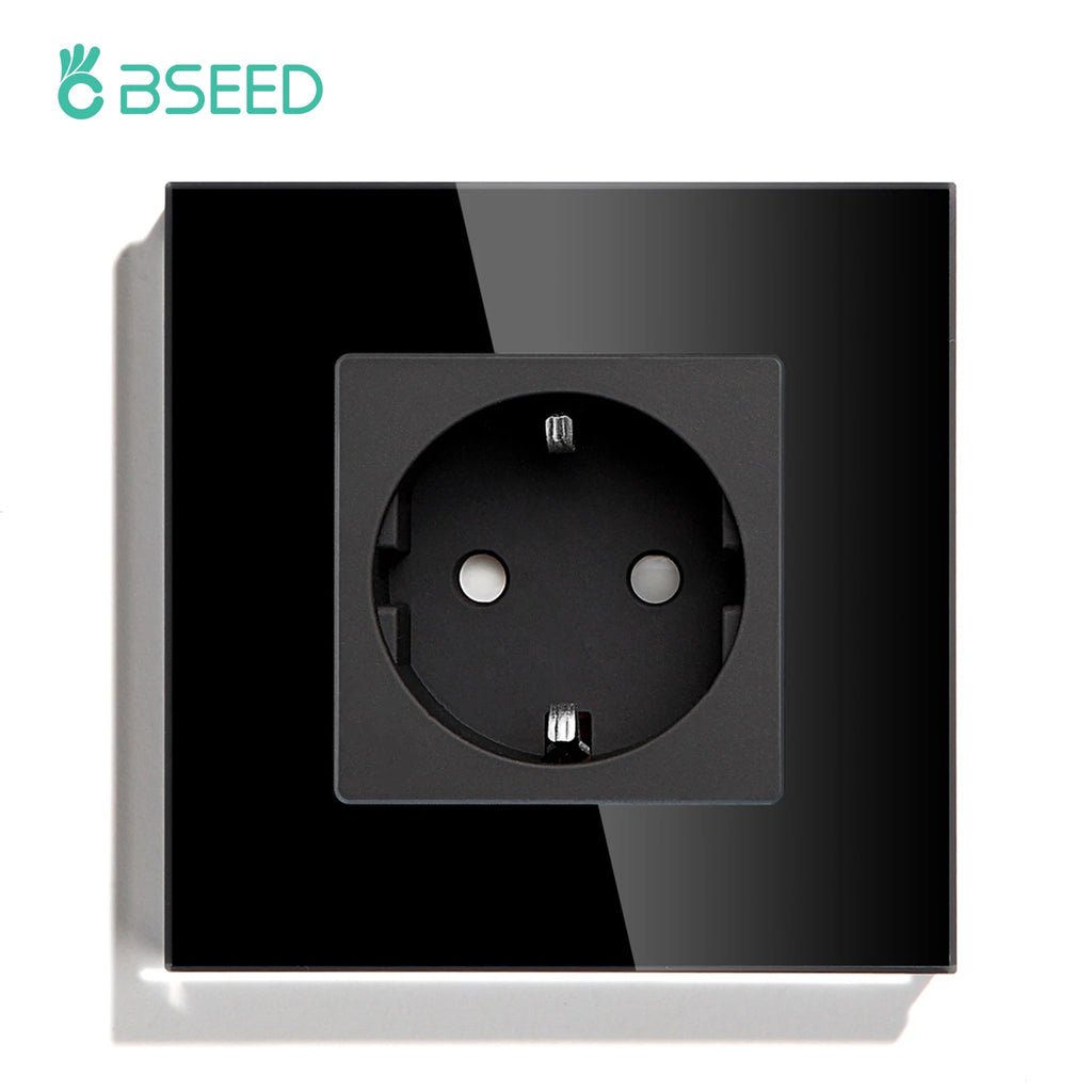 BSEED EU Standard 1/2/3Gang 2Way Wall Touch Switch Light Sensor Switches Wall Socket USB Type-C Crystal Glass Panel 240V Black