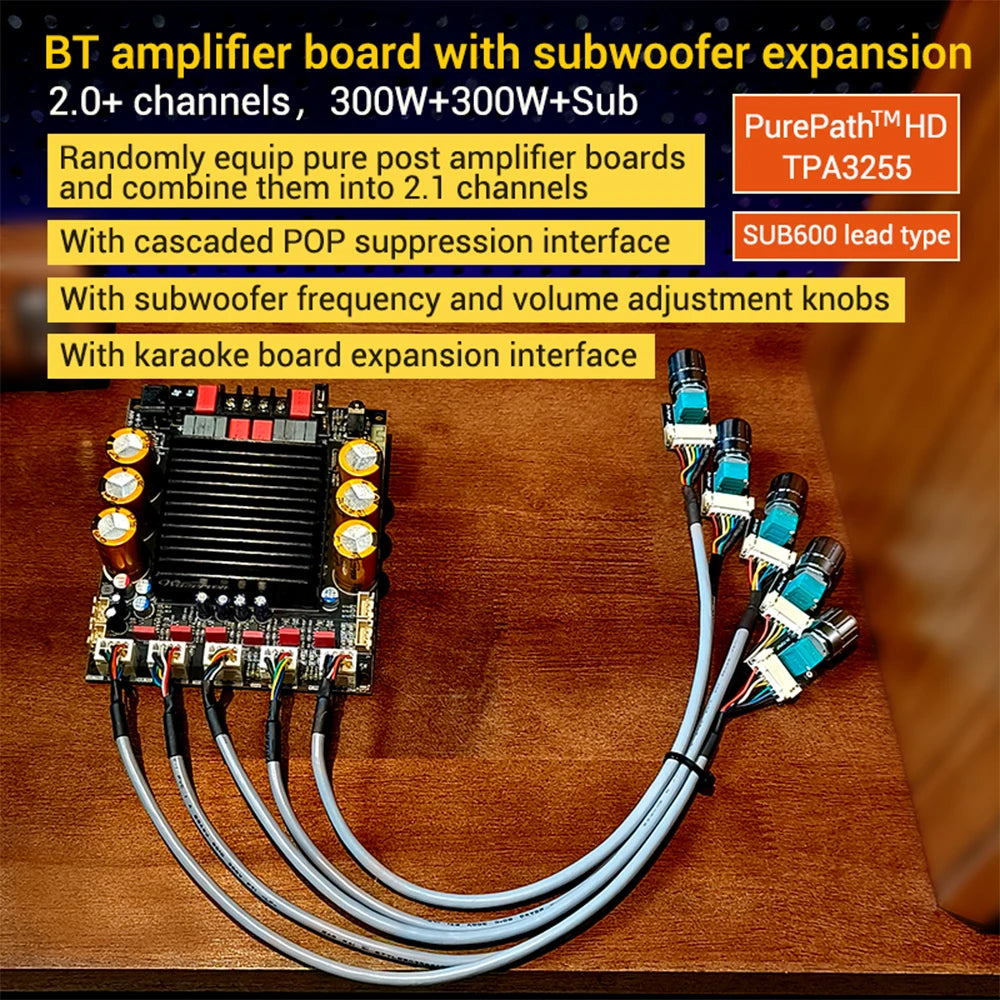 ZK-SUB600 BT Amplifier Board Module 2.0 Channel 300W+300W+Subwoofer Extension TPA3255 DC 18-50V with Subwoofer