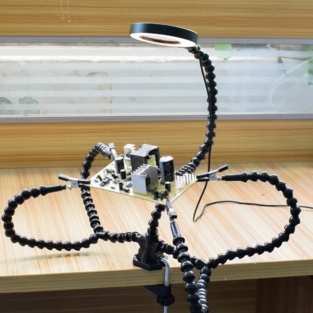 5Arm Welding Repair Tool Soldering Station with 3X Magnifier LED Light Bench Vise Table Clamp Clip PCB Holder Third Helping Hand
