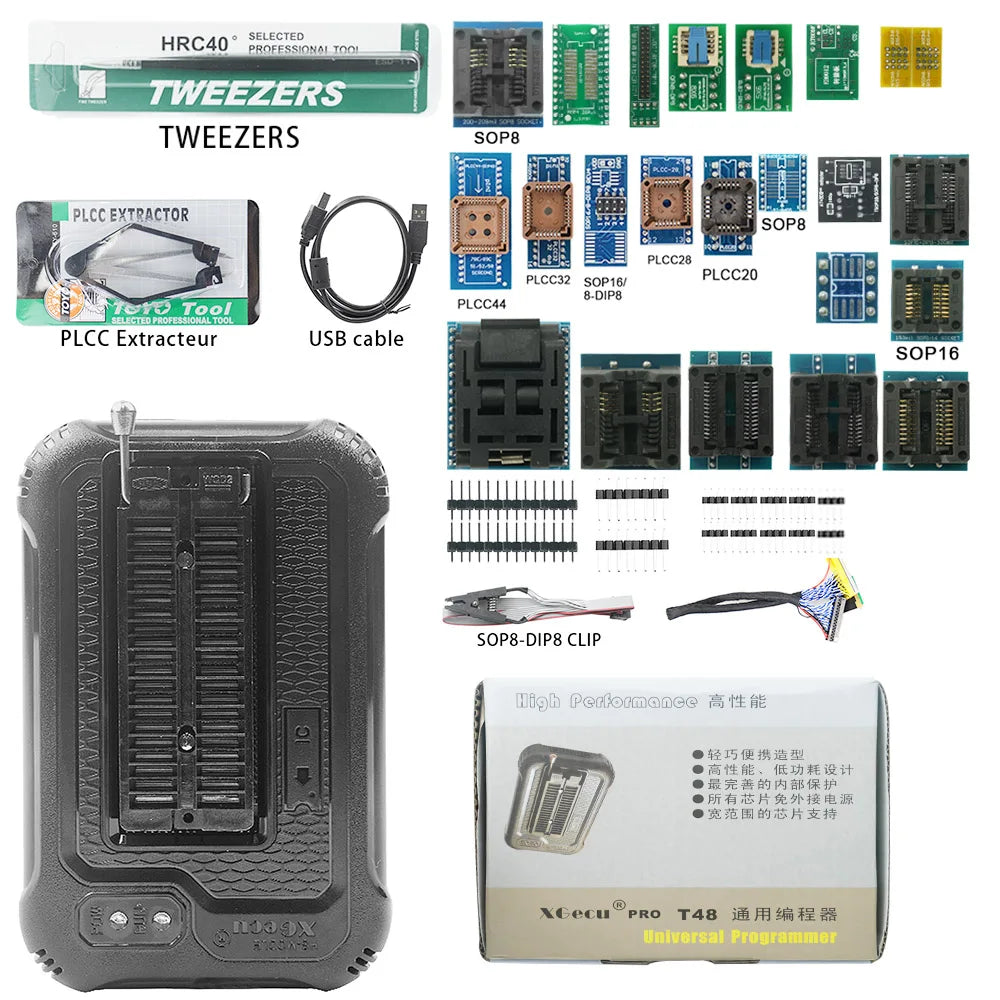 XGecu T48 (TL866-3G) Programmer + 27 Adapters + ISP Cable Support 34000+ ICs for SPI/Nor/NAND Flash/EMMC BGA/TSOP/SOP/PLCC