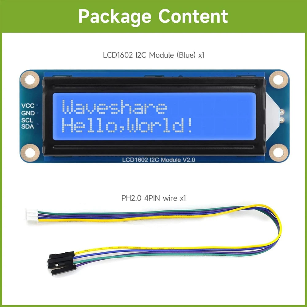 Waveshare LCD1602 I2C LCD Module 16x2 Character 3.3V/5V Backlight Adjustable for Arduino Raspberry Pi  5 Pico ESP32 Jetson Nano