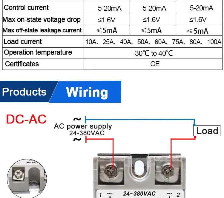 LCTC 1pcs Solid State Relay Single Phase Non-contact SSR DC To DC AC To AC DC To AC 24-380VAC 10A 25A 40A 50A 60A 80A 100A
