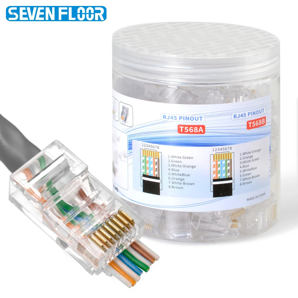 100PCS RJ45 Cat6 Pass Through Connector RJ45 Modular Plugs 1.1mm Hole for Solid or Stranded UTP Cable
