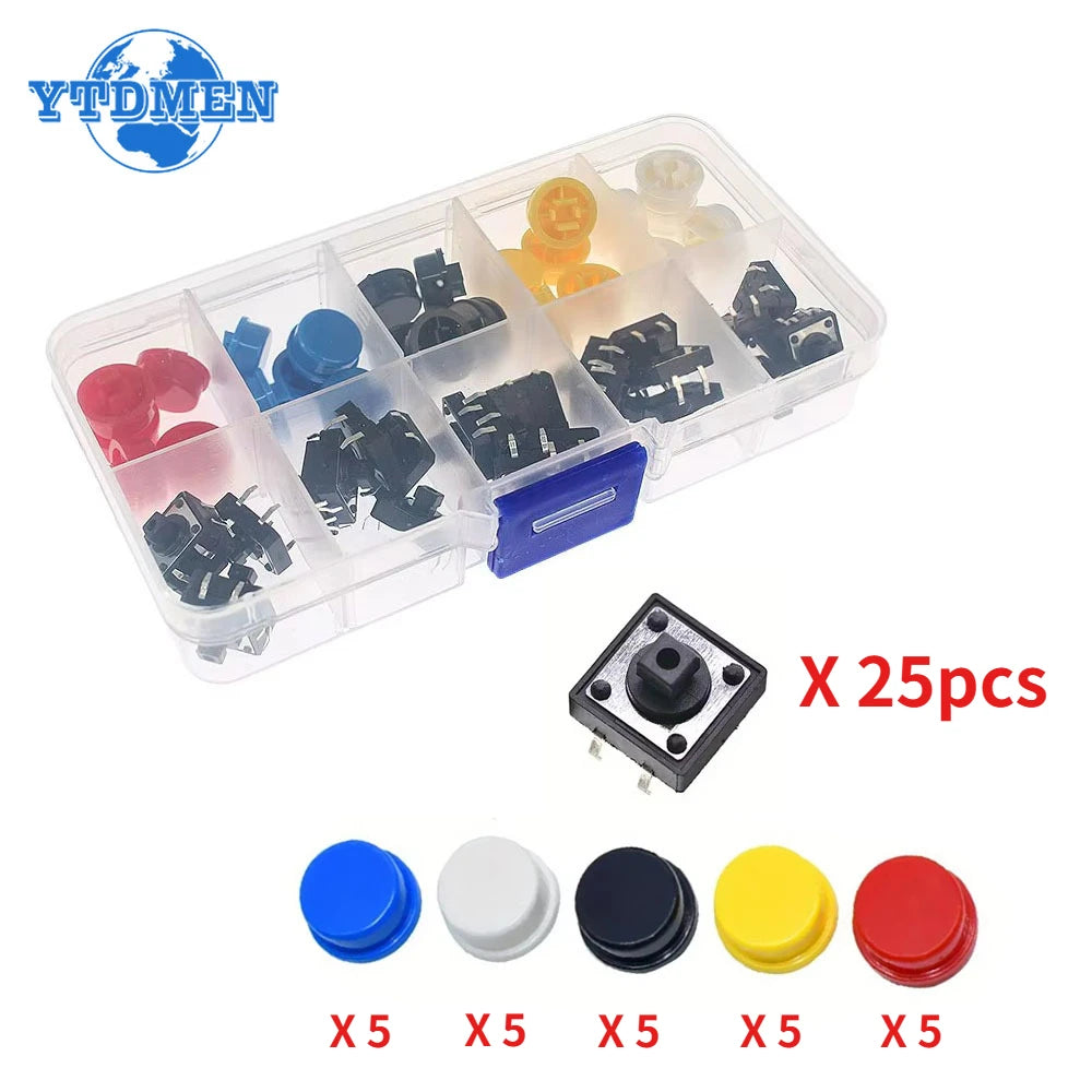 25Sets Keycap Tactile Push Button Switch Momentary 12*12*7.3MM Micro Switch Button Circular Cap Kit (5 Colors) , for Arduino