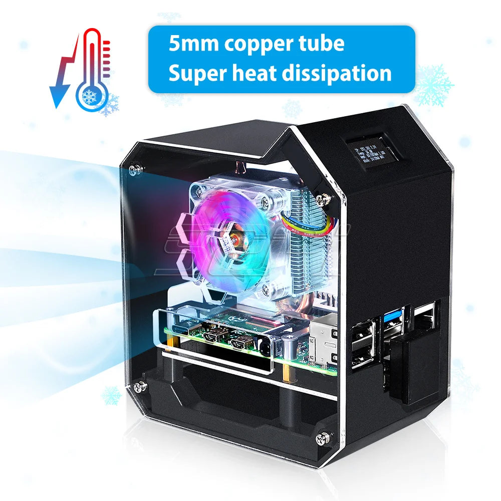 52Pi Raspberry Pi 4 Model B ABS Mini Tower NAS Kit with Ice Tower 0.96 Screen Dispaly Power Adaptor